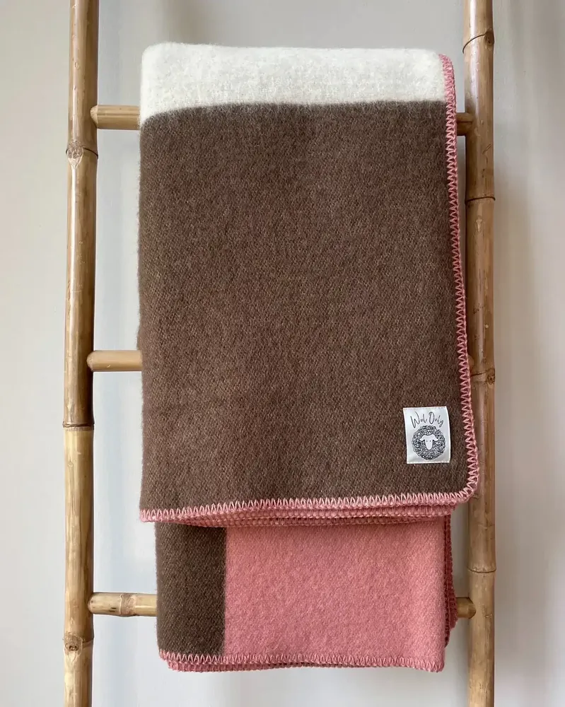 Throw blankets - Wool blanket plaid, Tricolor Square Faded Rose-Brownie - WOOL ONLY BY JOWOLLINA