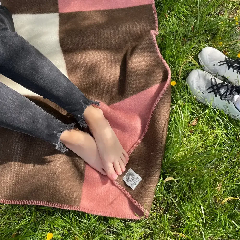 Throw blankets - Wool blanket plaid, Tricolor Square Faded Rose-Brownie - WOOL ONLY BY JOWOLLINA