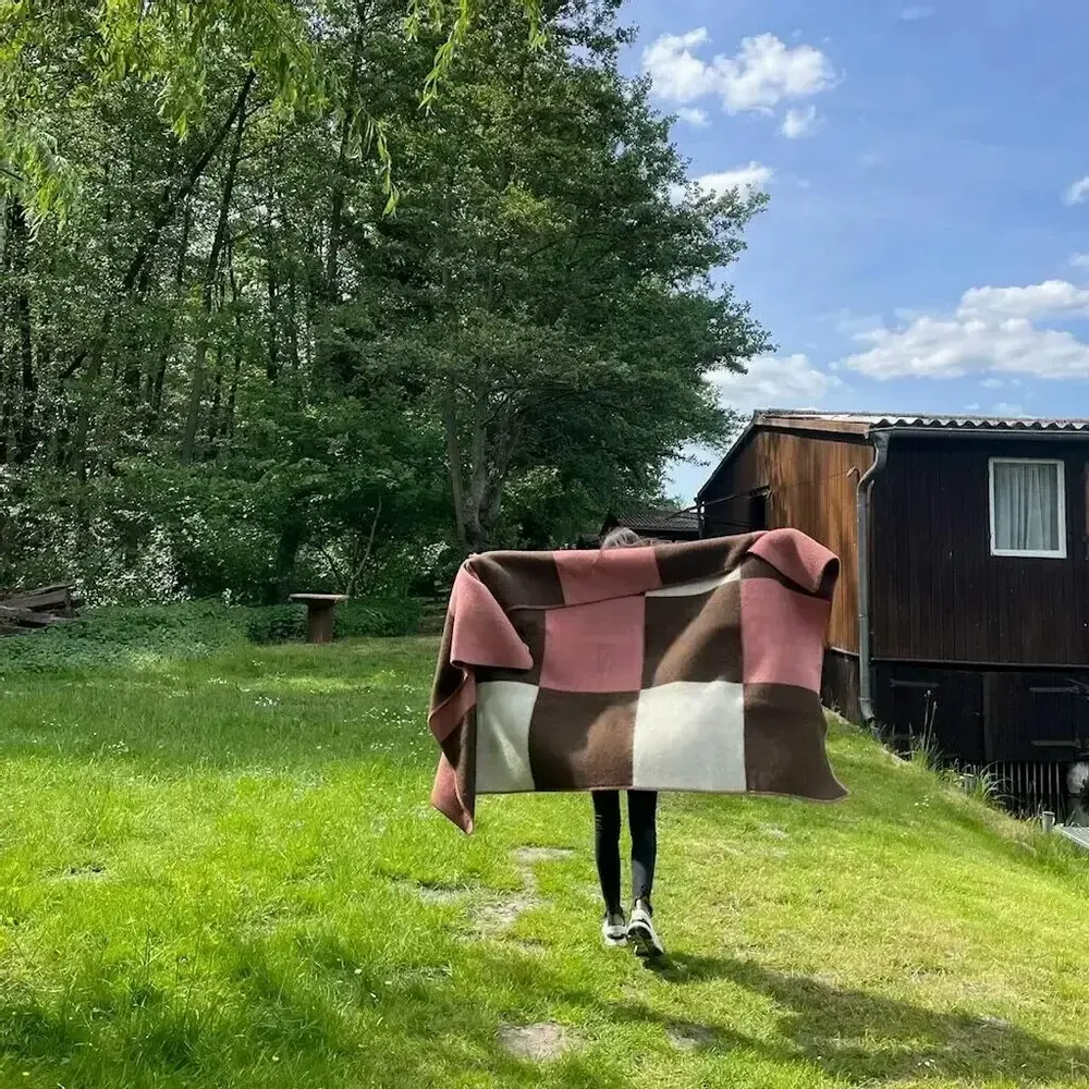 Throw blankets - Wool blanket plaid, Tricolor Square Faded Rose-Brownie - WOOL ONLY BY JOWOLLINA