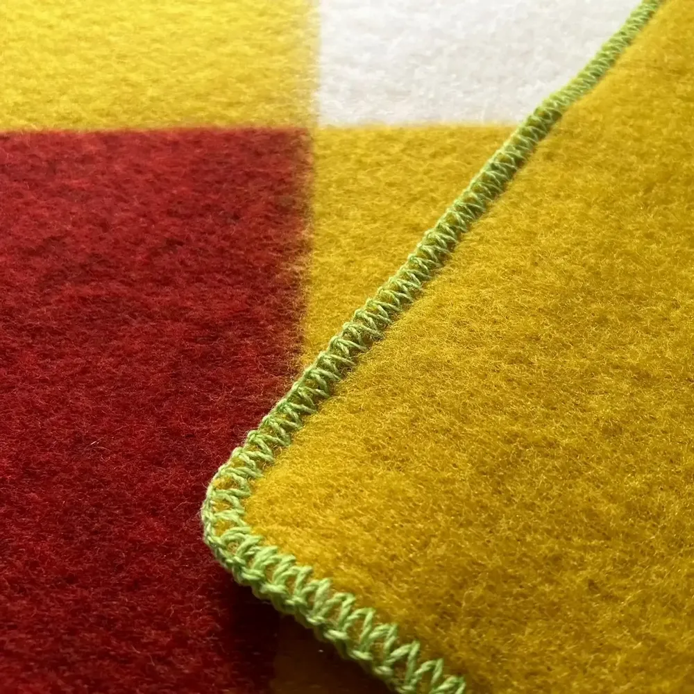 Throw blankets - Wool blanket plaid, Tricolor Square Spicy Mustard Chili - WOOL ONLY BY JOWOLLINA