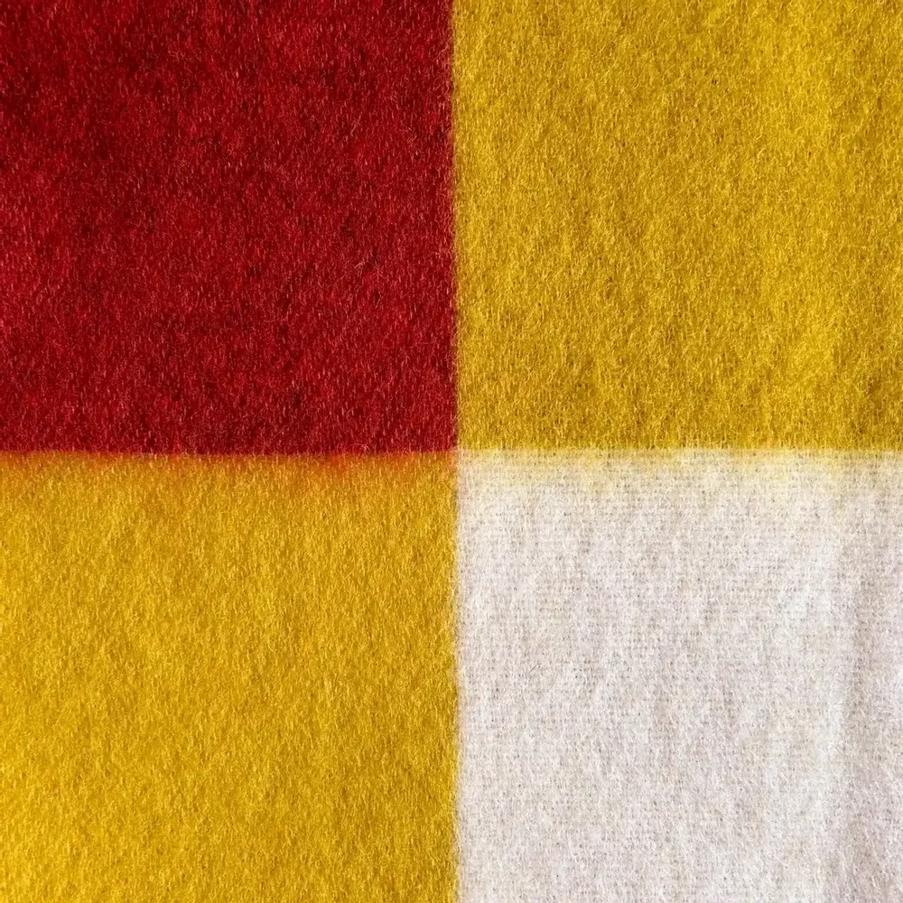 Throw blankets - Wool blanket plaid, Tricolor Square Spicy Mustard Chili - WOOL ONLY BY JOWOLLINA