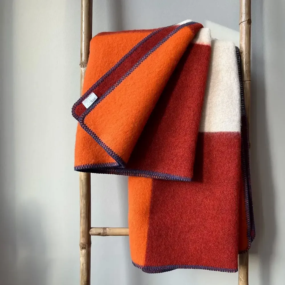 Throw blankets - Wool blanket plaid, Tricolor Square Papaya Chili - WOOL ONLY BY JOWOLLINA