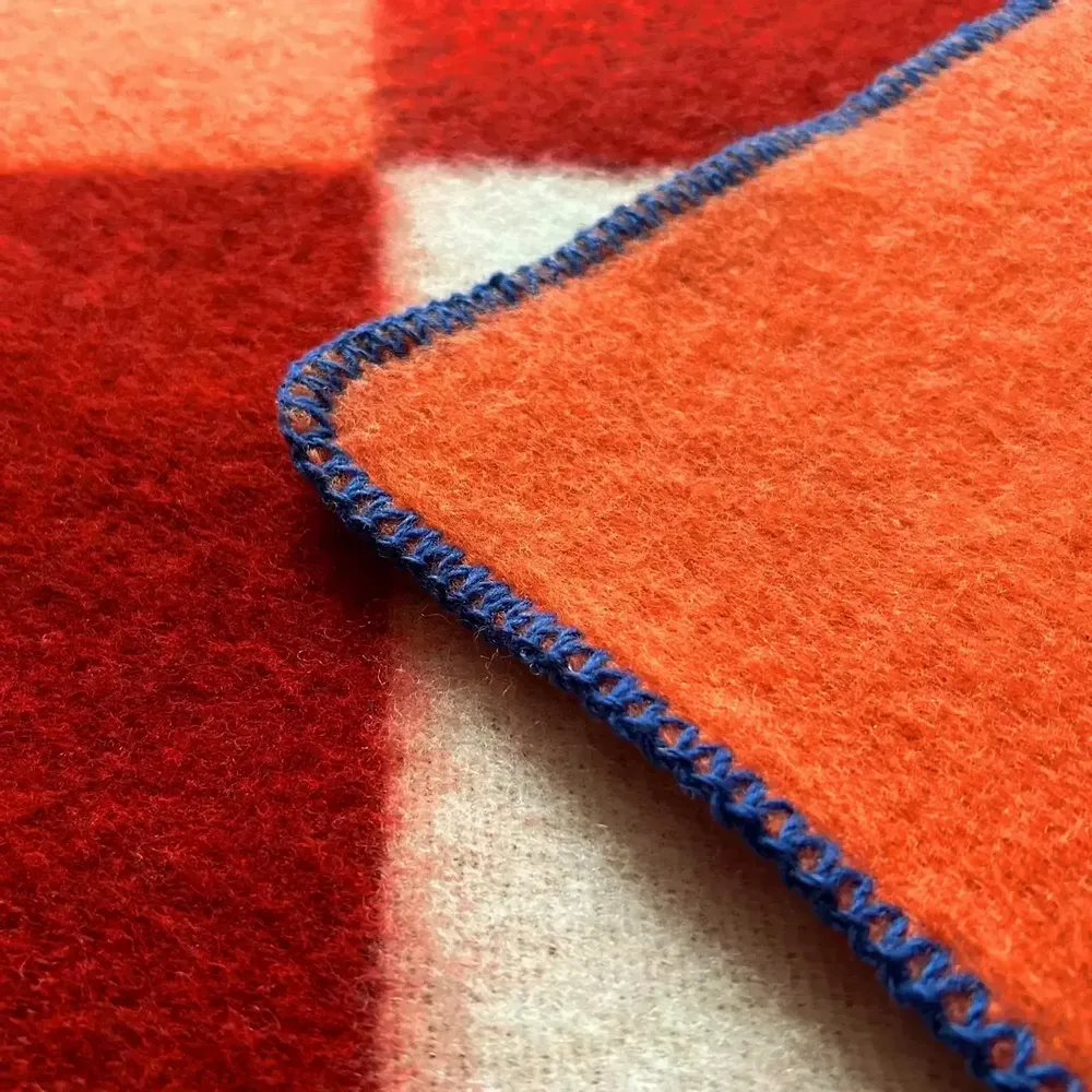 Throw blankets - Wool blanket plaid, Tricolor Square Papaya Chili - WOOL ONLY BY JOWOLLINA