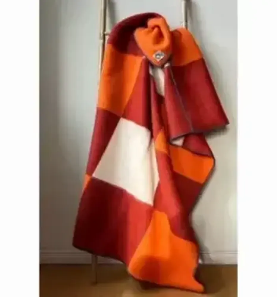 Throw blankets - Wool blanket plaid, Tricolor Square Papaya Chili - WOOL ONLY BY JOWOLLINA