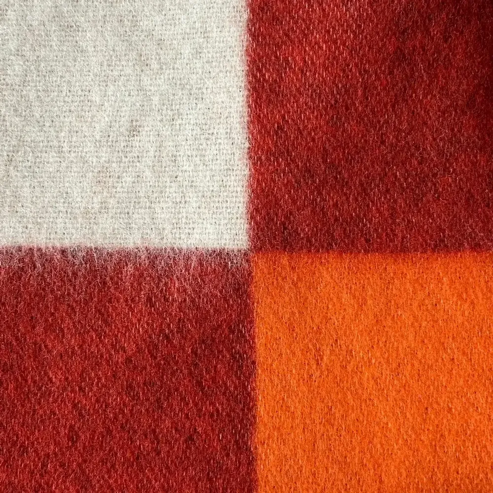 Throw blankets - Wool blanket plaid, Tricolor Square Papaya Chili - WOOL ONLY BY JOWOLLINA