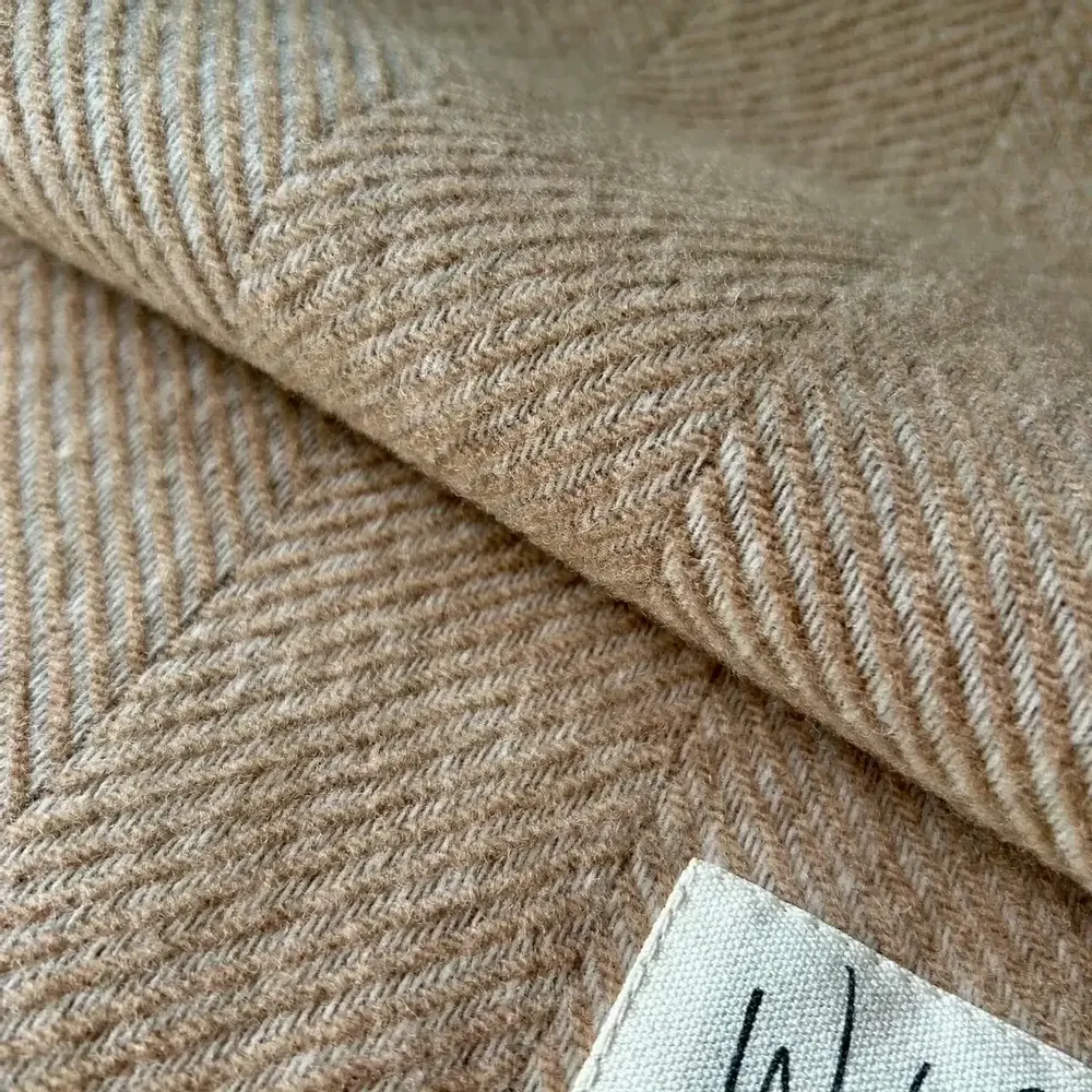 Throw blankets - Wool blanket plaid, Herringbone Camel Natural - WOOL ONLY BY JOWOLLINA