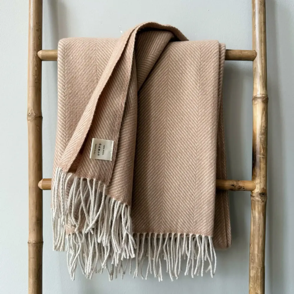 Throw blankets - Wool blanket plaid, Herringbone Camel Natural - WOOL ONLY BY JOWOLLINA