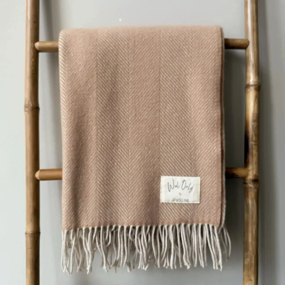 Throw blankets - Wool blanket plaid, Herringbone Camel Natural - WOOL ONLY BY JOWOLLINA