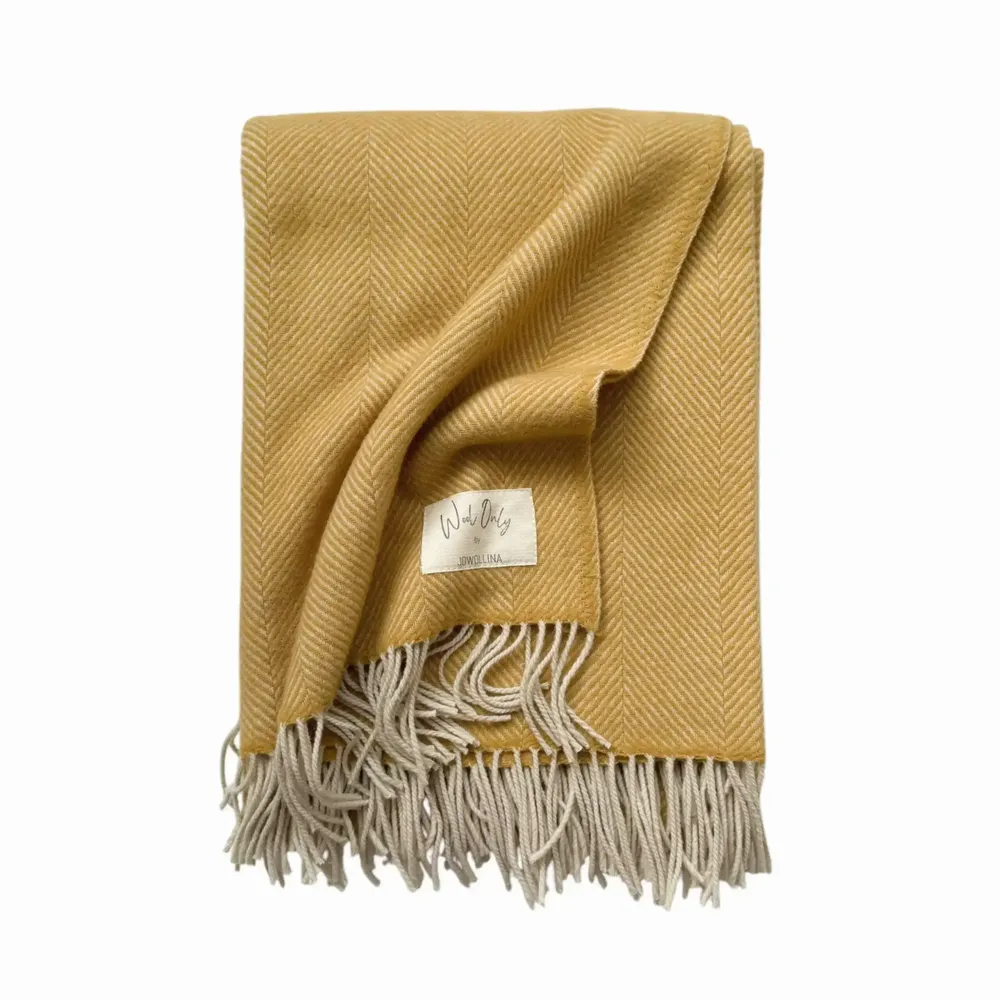 Throw blankets - Wool blanket plaid, Herringbone Honey Natural - WOOL ONLY BY JOWOLLINA