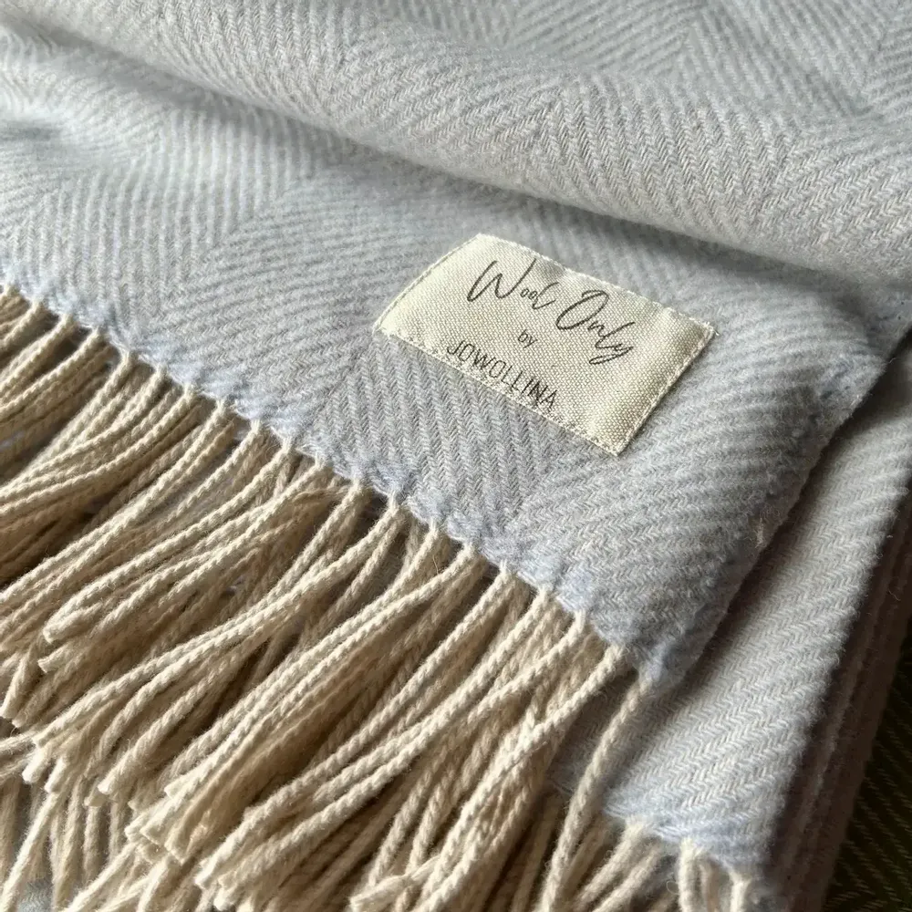 Throw blankets - Wool blanket plaid, Herringbone Ice Blue natural - WOOL ONLY BY JOWOLLINA