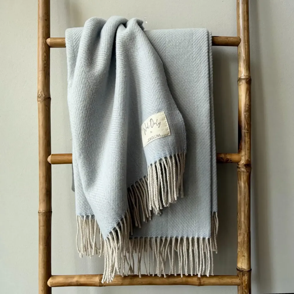 Throw blankets - Wool blanket plaid, Herringbone Ice Blue natural - WOOL ONLY BY JOWOLLINA