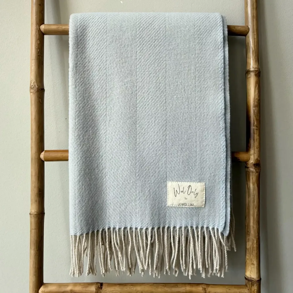 Throw blankets - Wool blanket plaid, Herringbone Ice Blue natural - WOOL ONLY BY JOWOLLINA