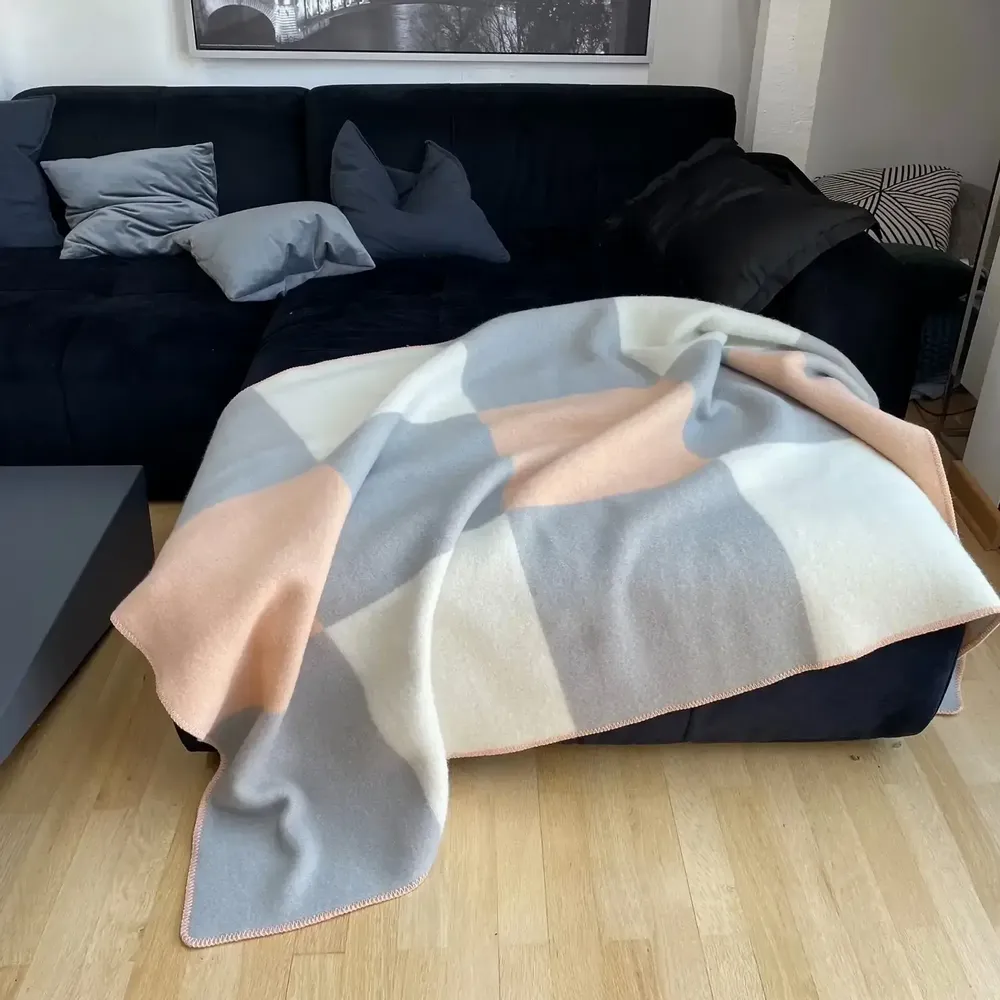 Throw blankets - Wool blanket plaid, Tricolor Square Peach Grey - WOOL ONLY BY JOWOLLINA