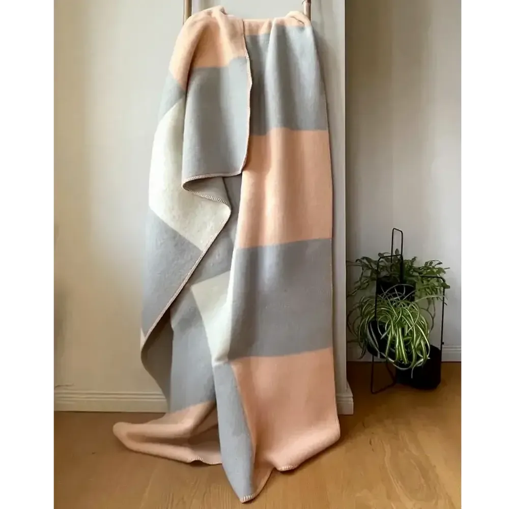 Throw blankets - Wool blanket plaid, Tricolor Square Peach Grey - WOOL ONLY BY JOWOLLINA
