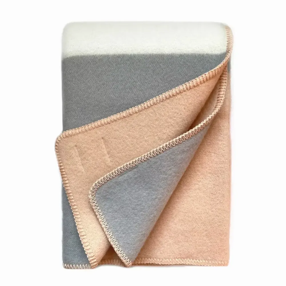 Throw blankets - Wool blanket plaid, Tricolor Square Peach Grey - WOOL ONLY BY JOWOLLINA