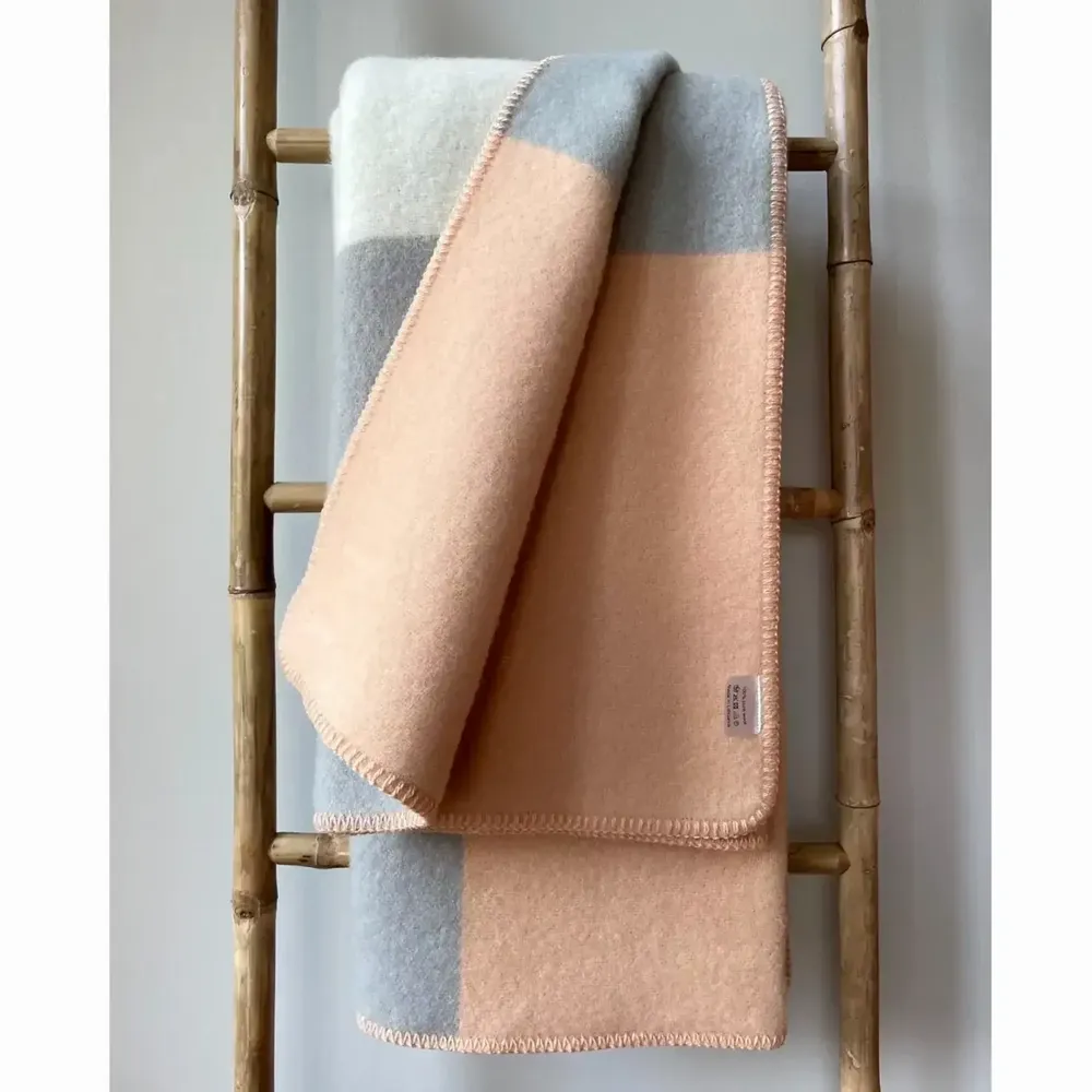 Throw blankets - Wool blanket plaid, Tricolor Square Peach Grey - WOOL ONLY BY JOWOLLINA