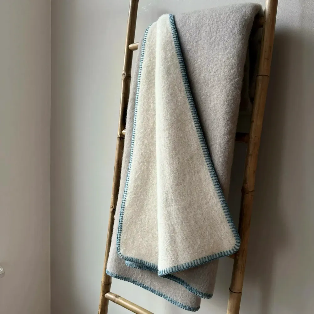 Throw blankets - Wool blanket plaid, Sand Grey Blue - WOOL ONLY BY JOWOLLINA