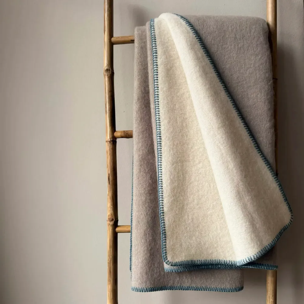 Throw blankets - Wool blanket plaid, Sand Grey Blue - WOOL ONLY BY JOWOLLINA