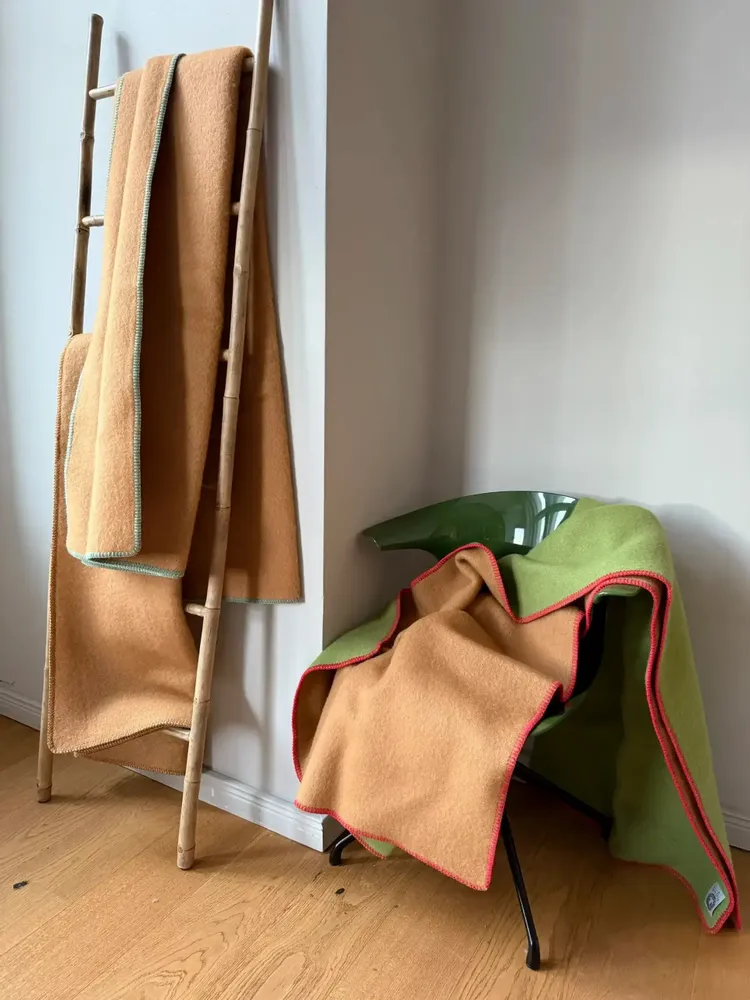 Throw blankets - Wool blanket plaid, Green Camel Red - WOOL ONLY BY JOWOLLINA