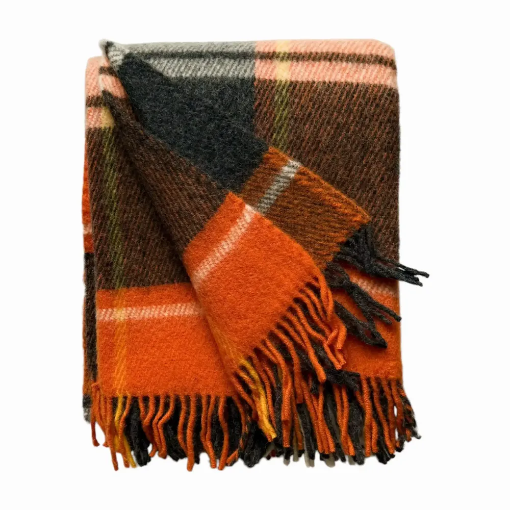 Throw blankets - Wool blanket plaid, Tartan Orange Anthracite - WOOL ONLY BY JOWOLLINA
