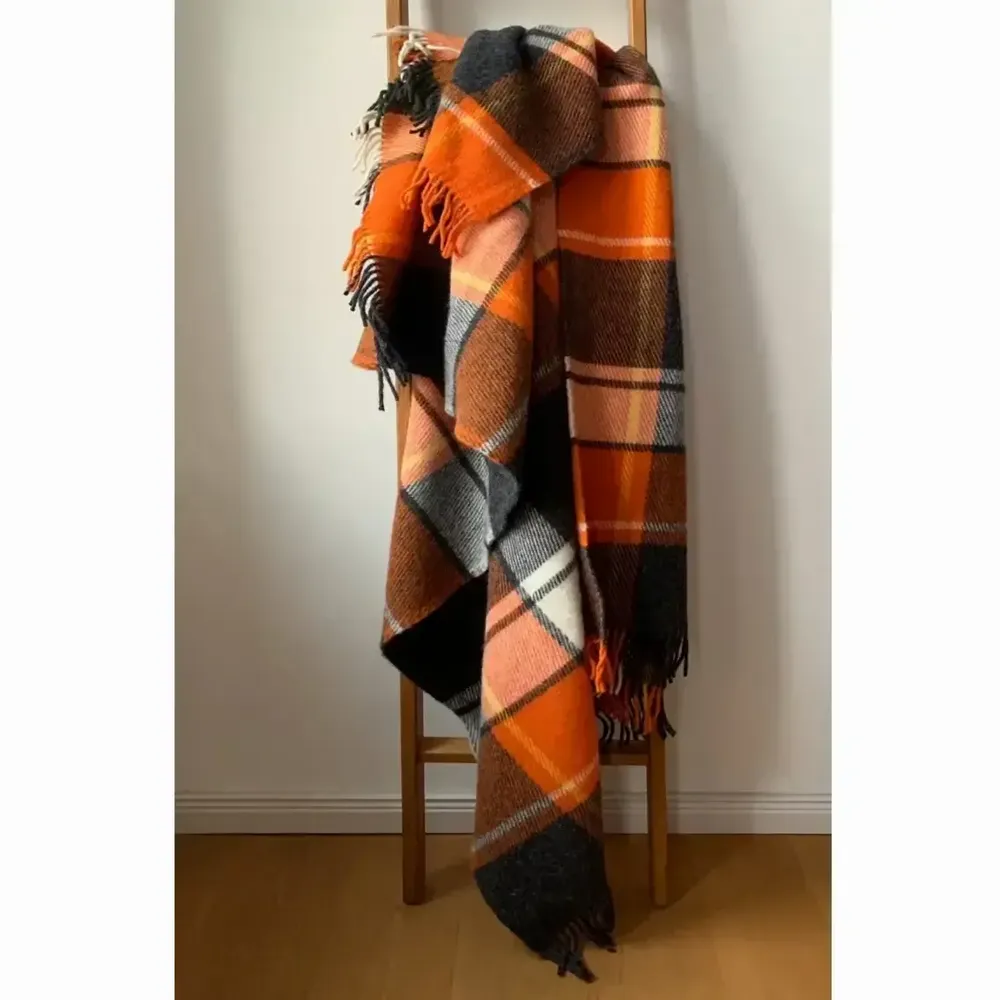 Throw blankets - Wool blanket plaid, Tartan Orange Anthracite - WOOL ONLY BY JOWOLLINA
