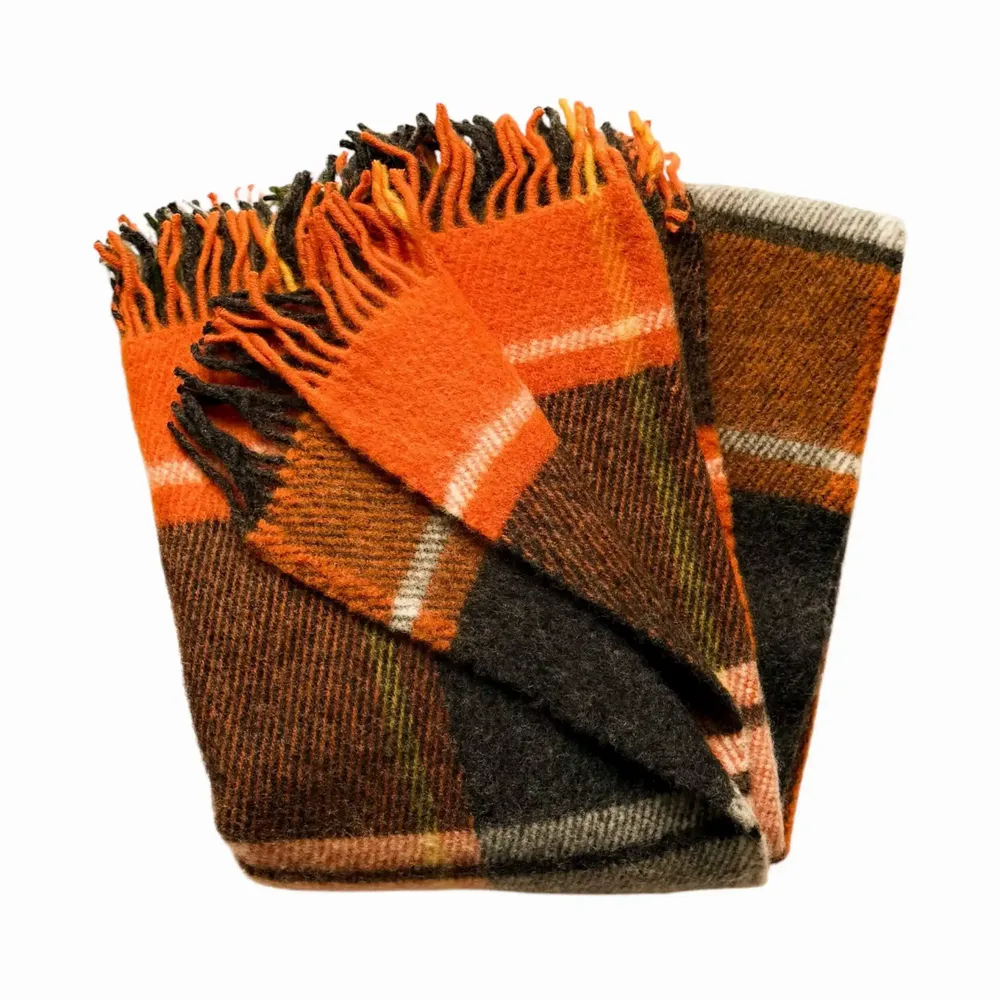 Throw blankets - Wool blanket plaid, Tartan Orange Anthracite - WOOL ONLY BY JOWOLLINA
