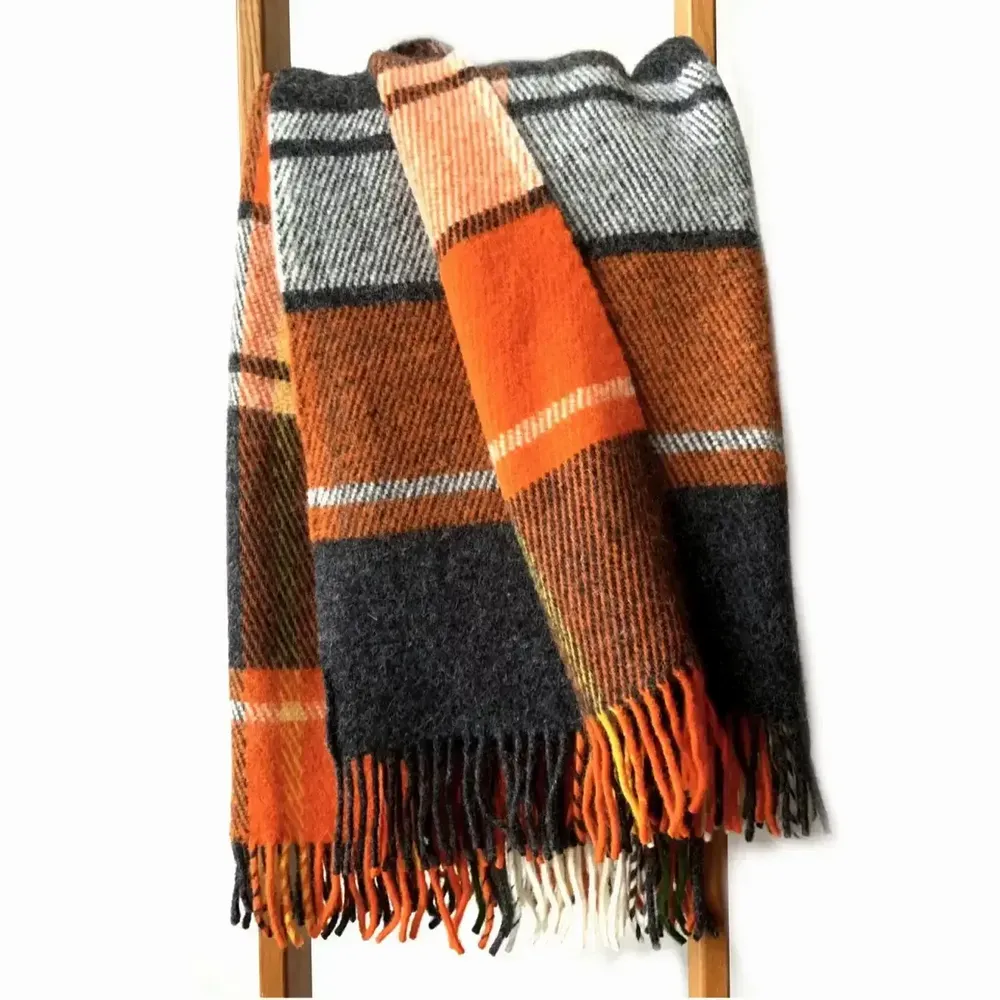 Throw blankets - Wool blanket plaid, Tartan Orange Anthracite - WOOL ONLY BY JOWOLLINA