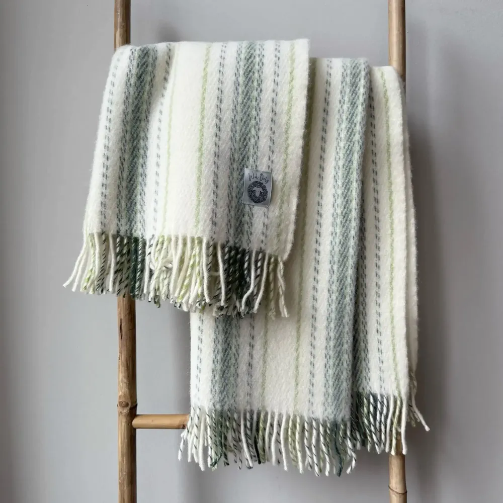 Throw blankets - Wool blanket plaid, Stripe Off White Green - WOOL ONLY BY JOWOLLINA