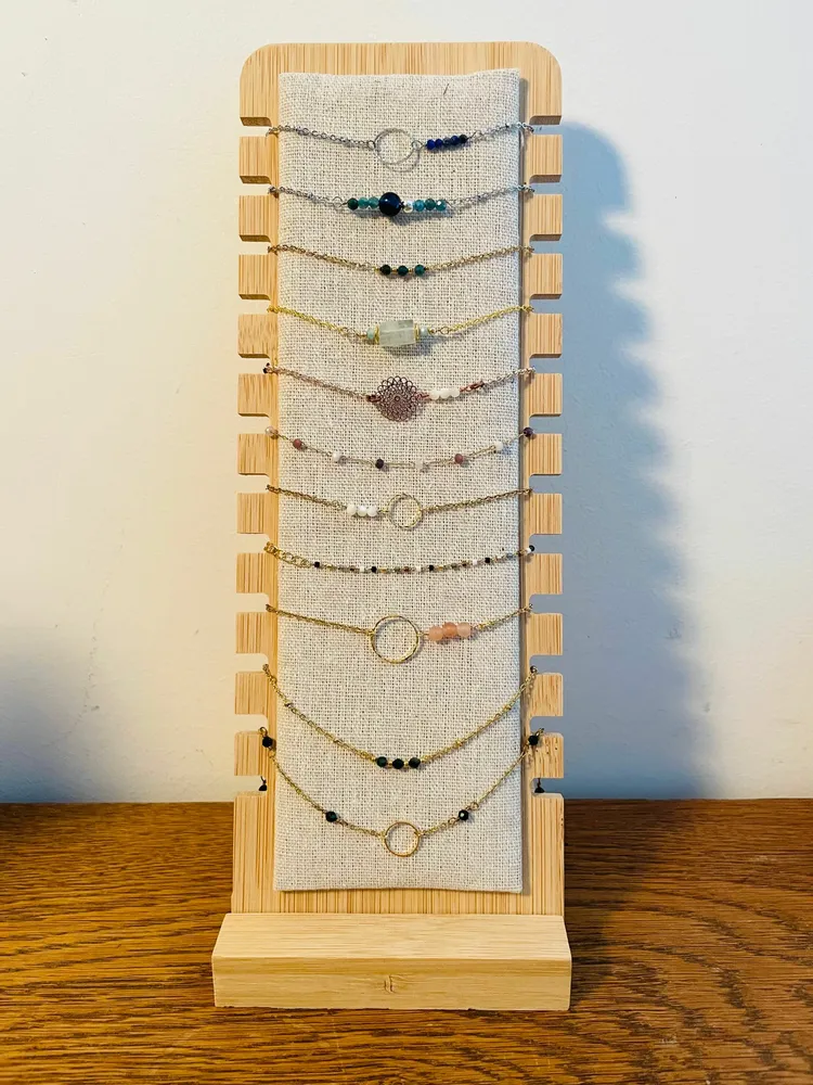 Gifts - Set of 11 stainless steel bracelets + wood and fabric display - LILIBELLULE