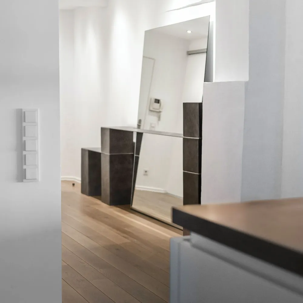 Countertops - Stainless Steel Sideboard with integrated Mirror and Bench - CASE STUDIOS