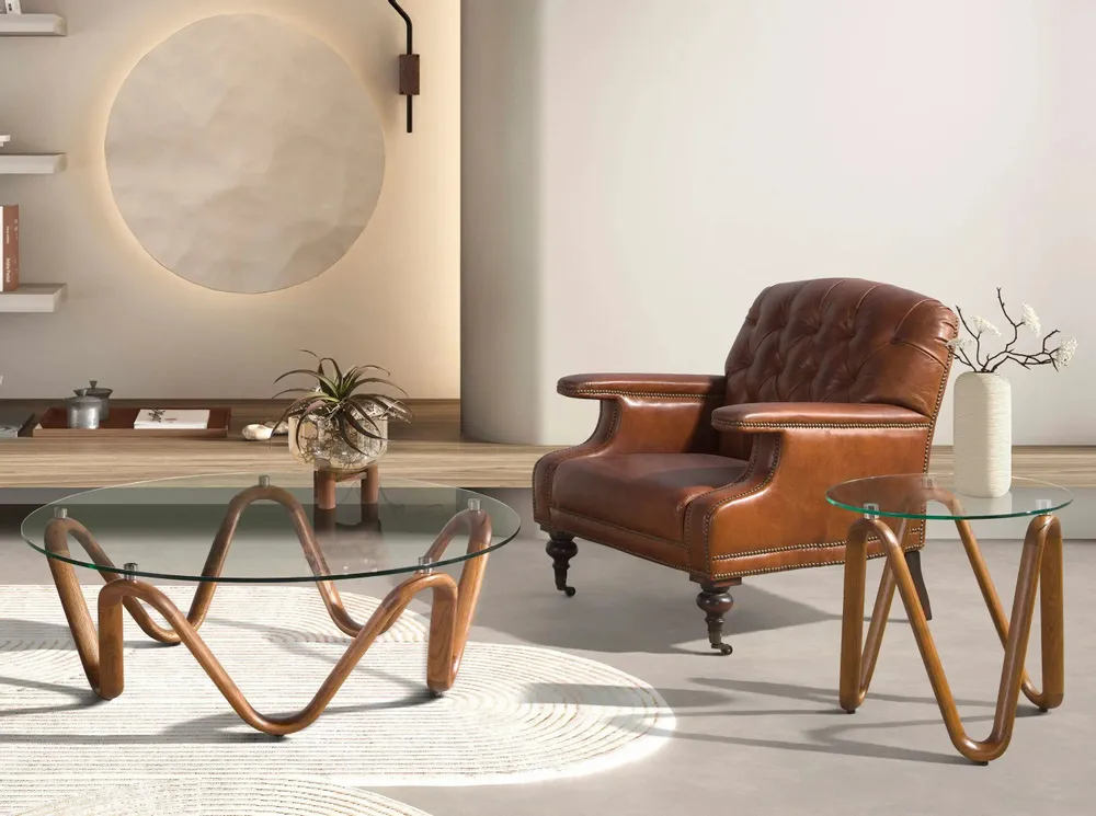 Tables basses - Table d'angle ronde en verre trempé et noyer - ANGEL CERDÁ