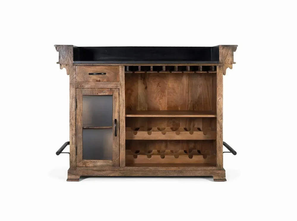 Buffets - Meuble bar marron en manguier, granit et métal 150cm - GINER Y COLOMER