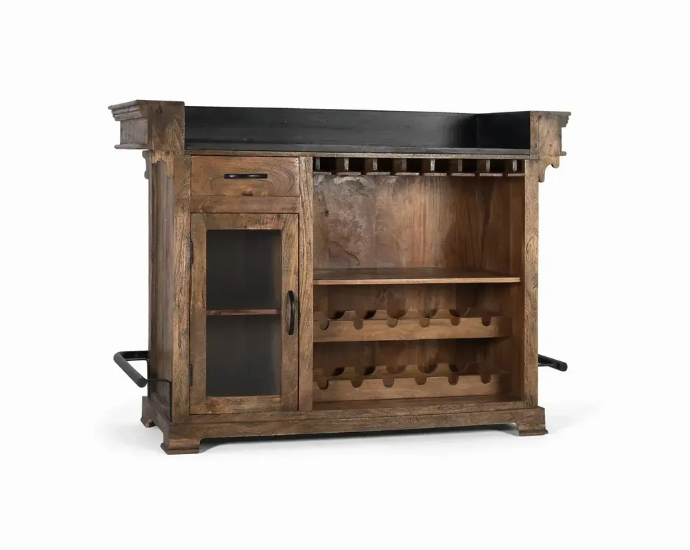 Buffets - Meuble bar marron en manguier, granit et métal 150cm - GINER Y COLOMER