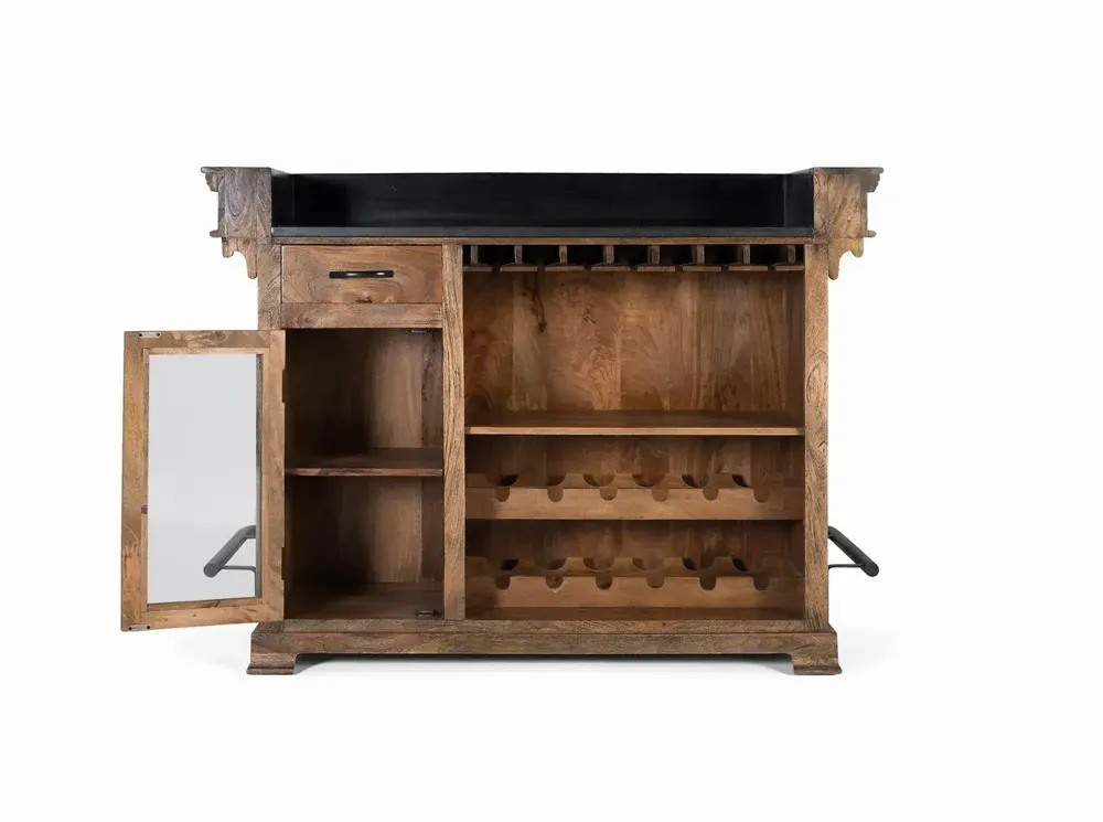 Buffets - Meuble bar marron en manguier, granit et métal 150cm - GINER Y COLOMER