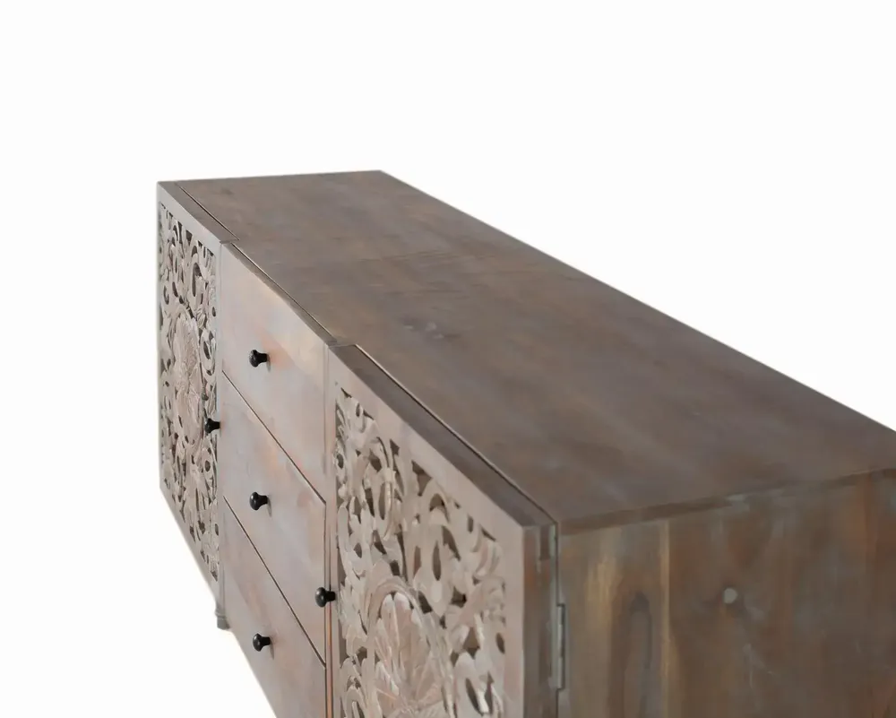 Sideboards - Mango wood sideboard with two carved side doors - GINER Y COLOMER