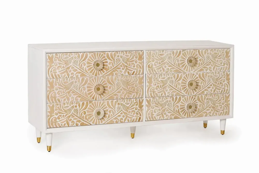 Chests of drawers - White mango wood chest of drawers with gold details - GINER Y COLOMER