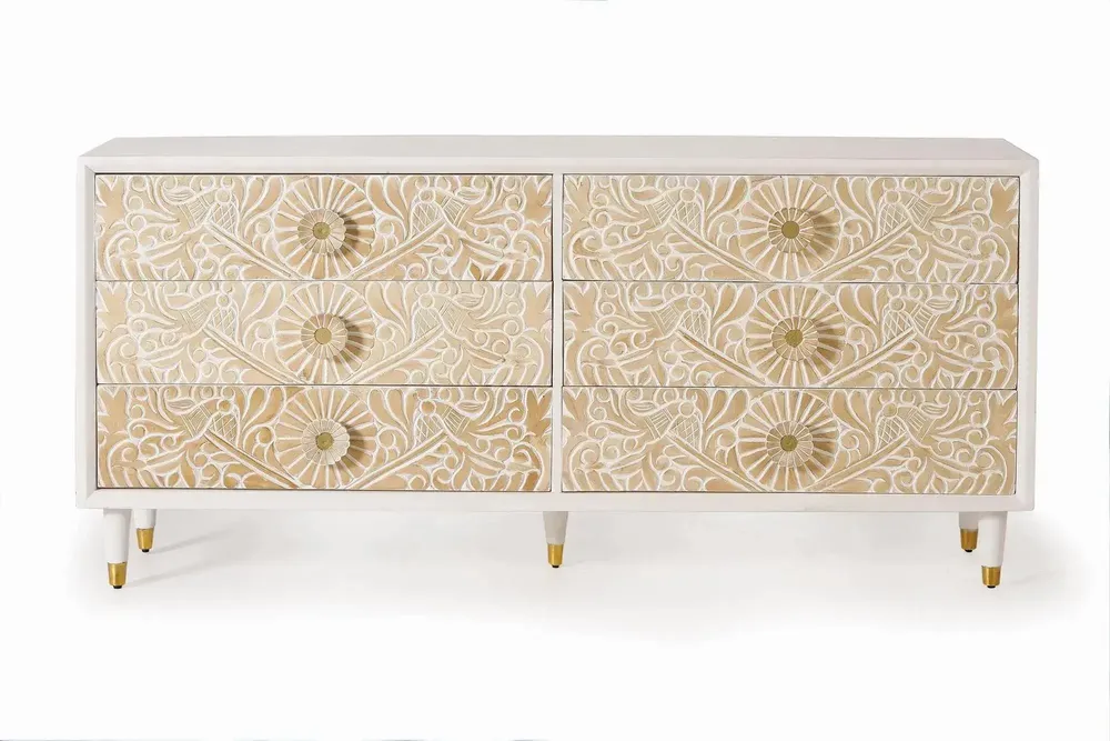Chests of drawers - White mango wood chest of drawers with gold details - GINER Y COLOMER
