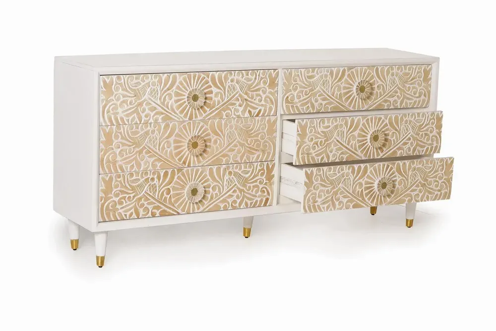 Chests of drawers - White mango wood chest of drawers with gold details - GINER Y COLOMER