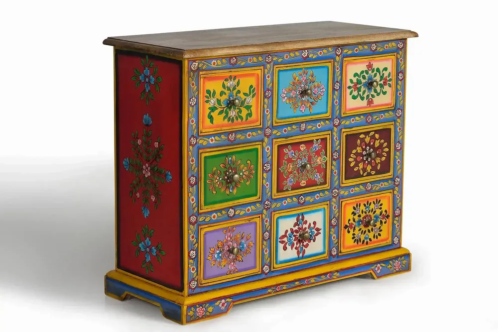 Chests of drawers - Mango wood chest of drawers with hand-painted multi-colored details - GINER Y COLOMER