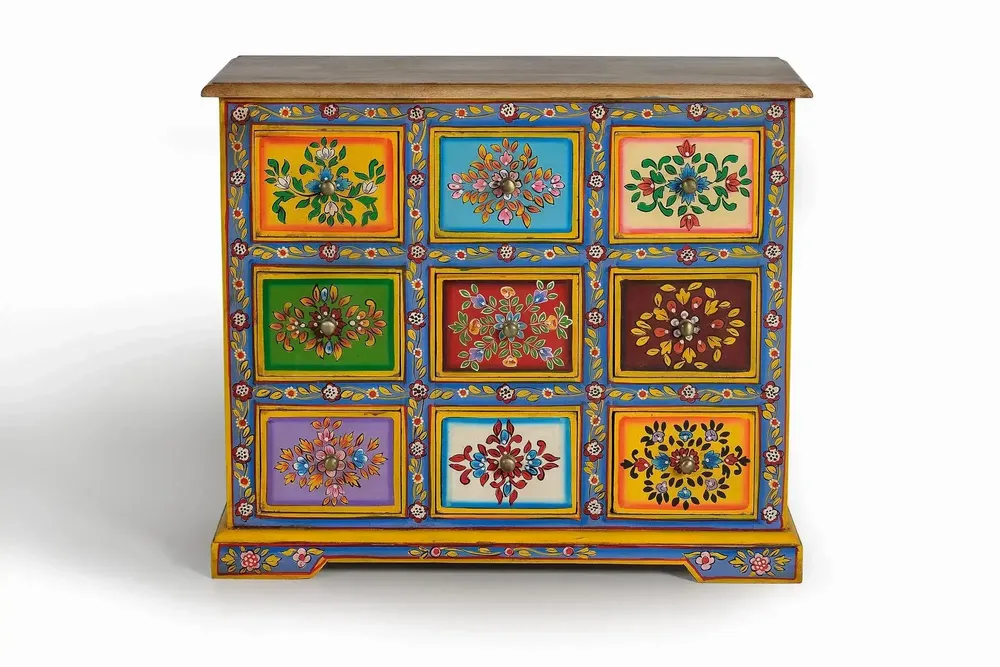Chests of drawers - Mango wood chest of drawers with hand-painted multi-colored details - GINER Y COLOMER