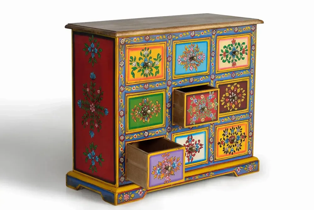 Chests of drawers - Mango wood chest of drawers with hand-painted multi-colored details - GINER Y COLOMER