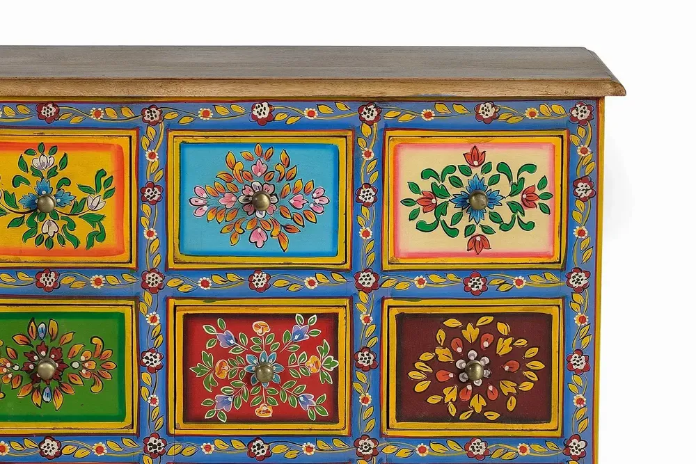 Chests of drawers - Mango wood chest of drawers with hand-painted multi-colored details - GINER Y COLOMER