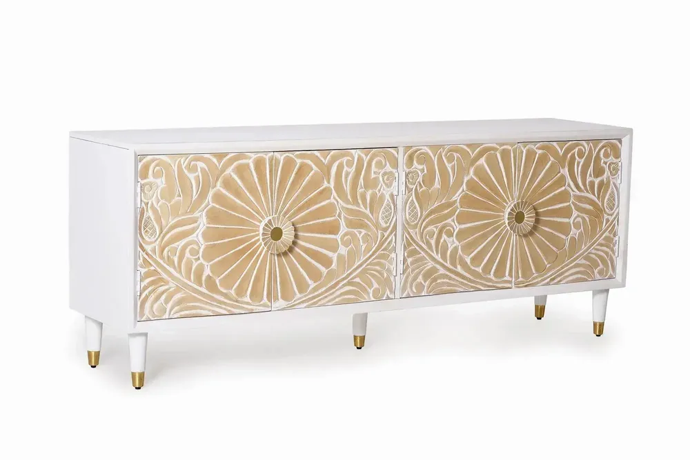 TV stands - White mango wood TV unit with gold accents - GINER Y COLOMER