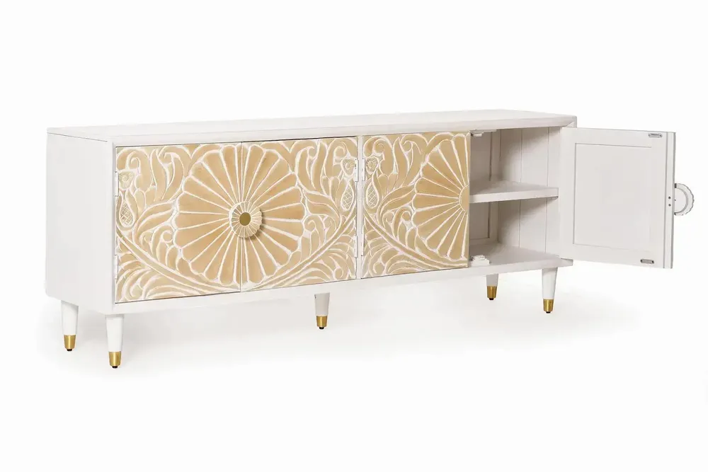 TV stands - White mango wood TV unit with gold accents - GINER Y COLOMER
