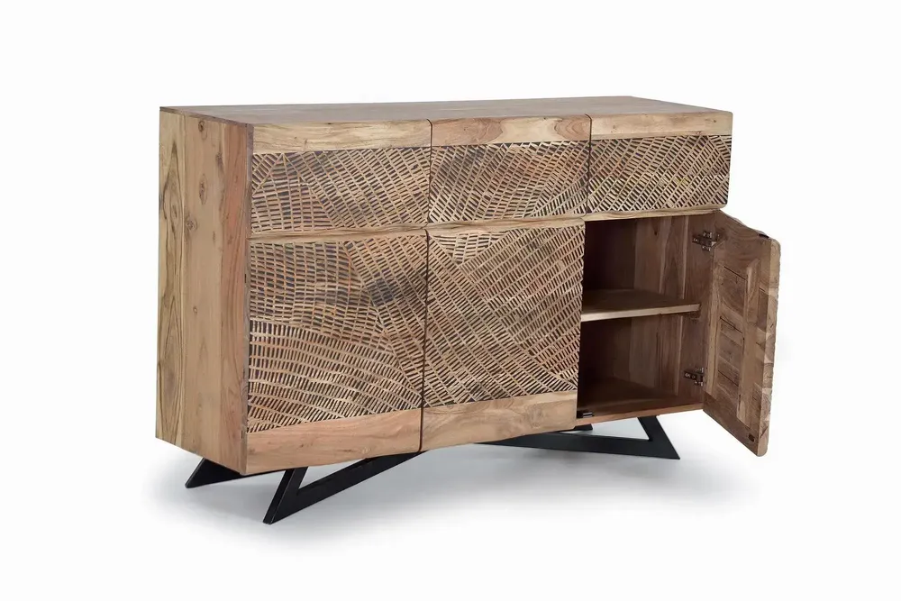 Sideboards - Sideboard in acacia wood and natural-colored metal slats - GINER Y COLOMER