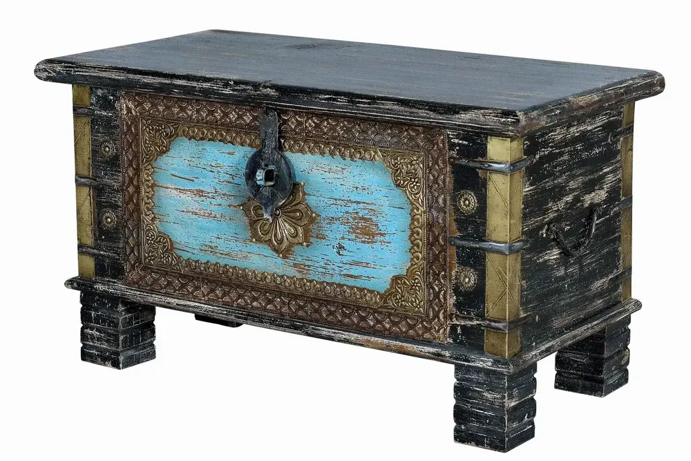 Storage boxes - Distressed black mango wood chest with blue details - GINER Y COLOMER
