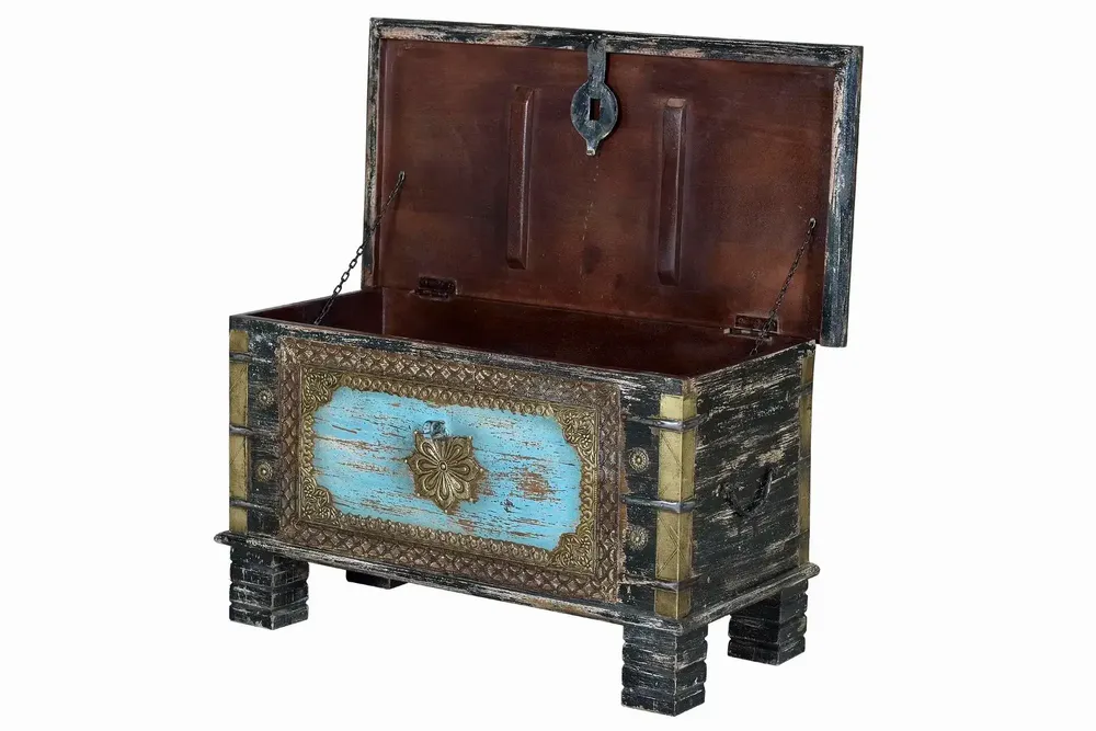 Storage boxes - Distressed black mango wood chest with blue details - GINER Y COLOMER