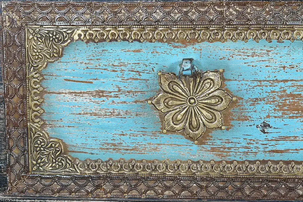 Storage boxes - Distressed black mango wood chest with blue details - GINER Y COLOMER