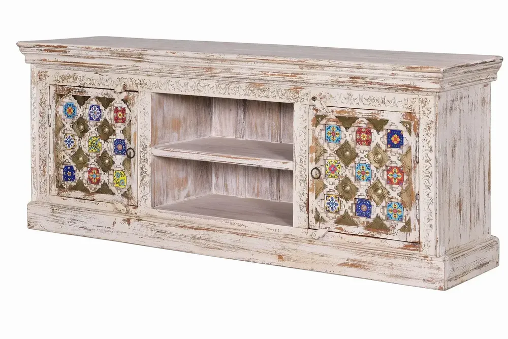 TV stands - Mango wood TV cabinet with ceramic details - GINER Y COLOMER