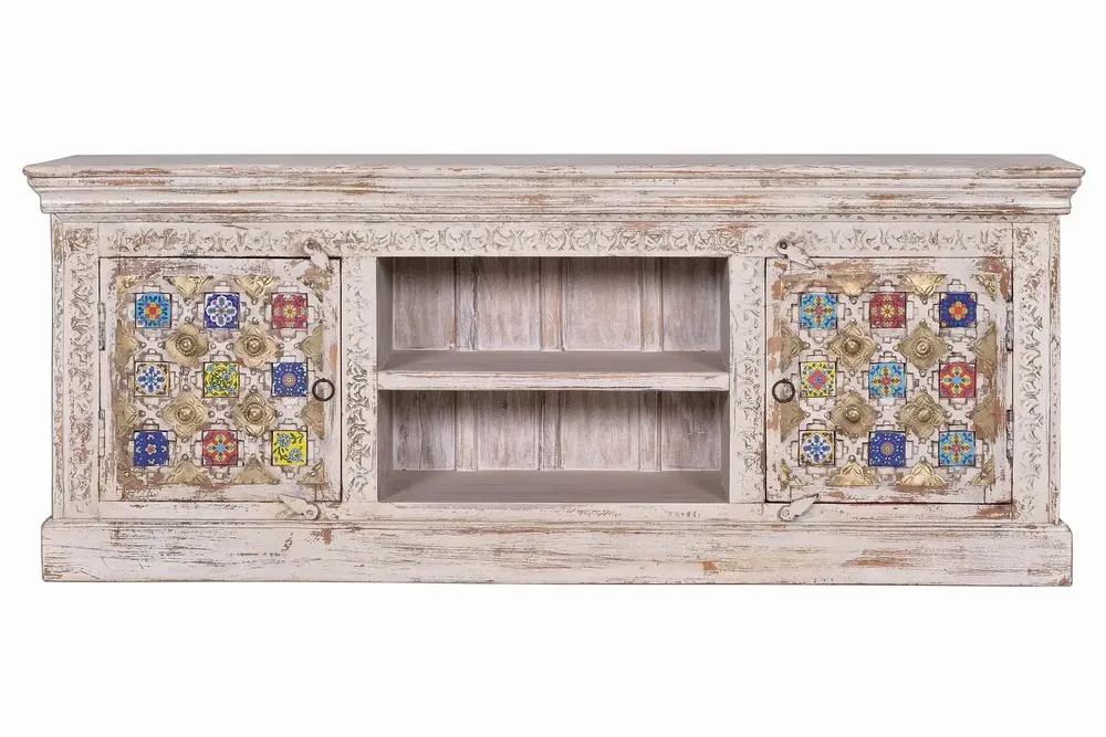 TV stands - Mango wood TV cabinet with ceramic details - GINER Y COLOMER